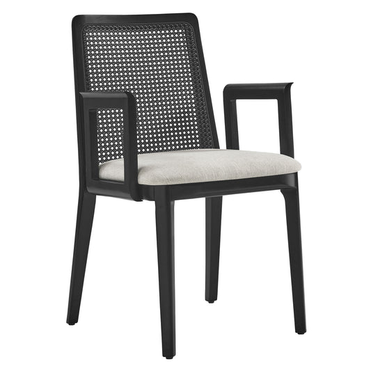 Modway Outlet Monarch Wood and Rattan Dining Armchair by Modway  Bar and Dining Furniture Black Black Heathered Weave Ivory - EEI-6844-BLK-BLK-HEI