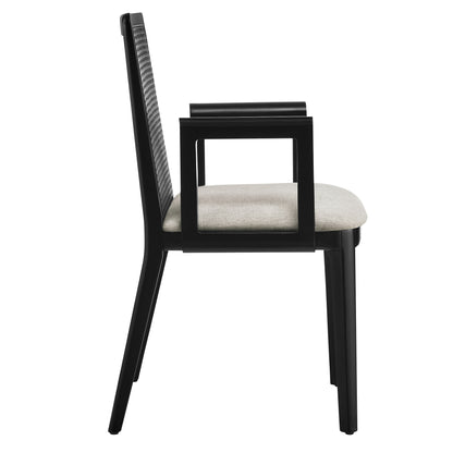 Modway Outlet Monarch Wood and Rattan Dining Armchair by Modway  Bar and Dining Furniture Black Black Heathered Weave Ivory - EEI-6844-BLK-BLK-HEI