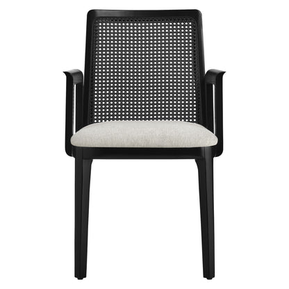 Modway Outlet Monarch Wood and Rattan Dining Armchair by Modway  Bar and Dining Furniture Black Black Heathered Weave Ivory - EEI-6844-BLK-BLK-HEI
