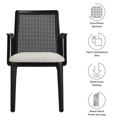 Modway Outlet Monarch Wood and Rattan Dining Armchair by Modway  Bar and Dining Furniture Black Black Heathered Weave Ivory - EEI-6844-BLK-BLK-HEI