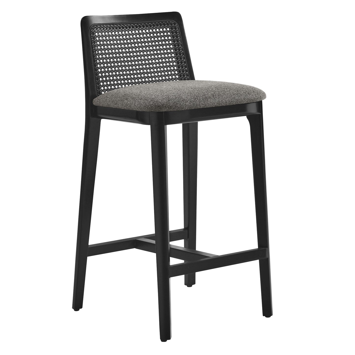 Black counter stool with caned back, gray upholstered seat, square legs and footrest for kitchen counter.