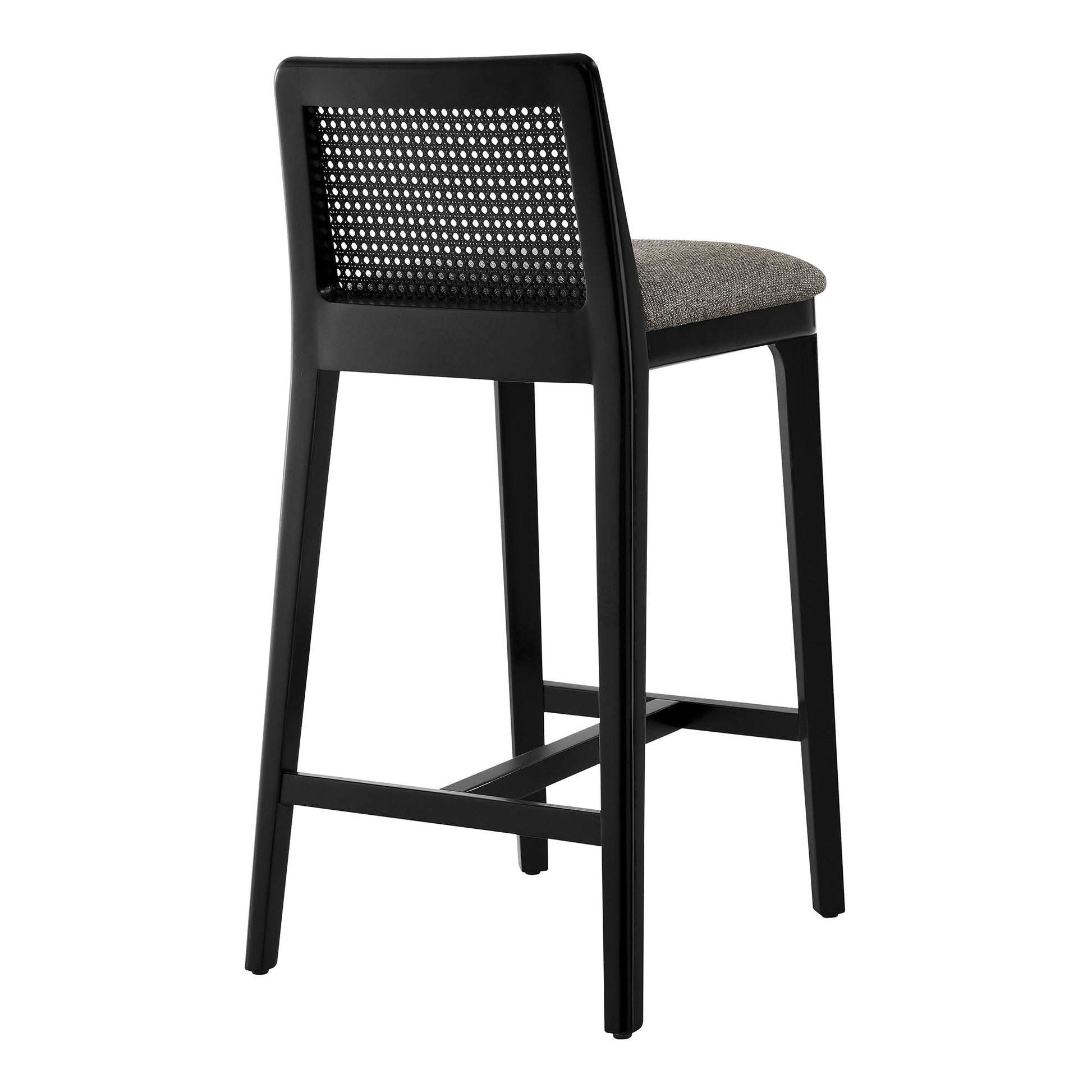 Black bar stool with woven back panel and gray upholstered seat, metal frame.