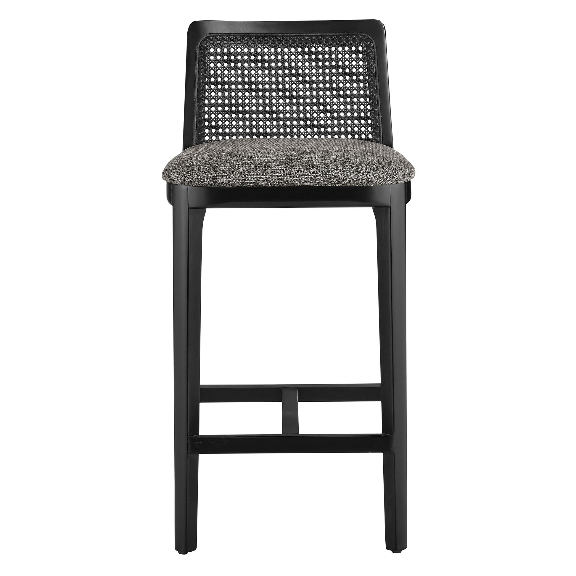 Black counter stool with woven cane backrest, gray padded seat, square legs and footrest.
