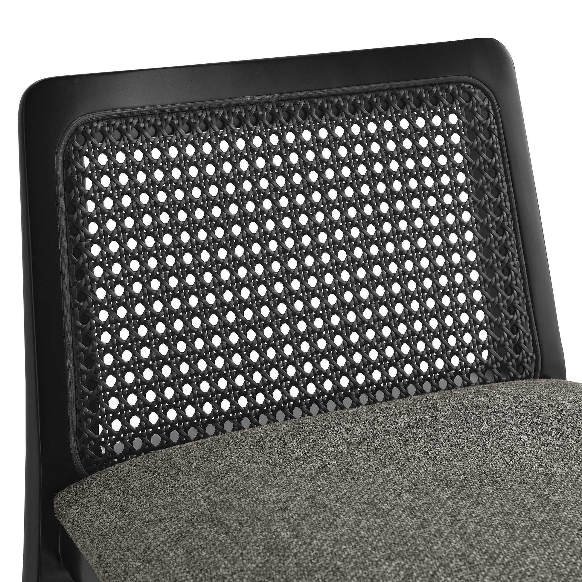Black-framed counter stool with woven cane back and gray fabric upholstered seat, modern bar & dining style.