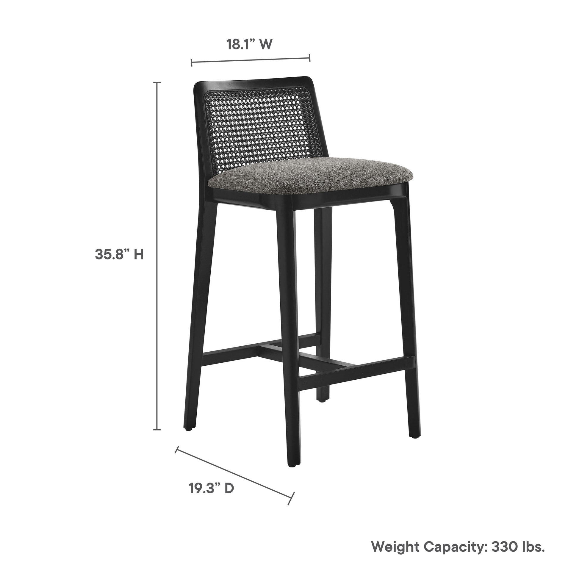Black wood & rattan counter stool with woven back and gray upholstered seat; 35.8H x 18.1W x 19.3D, 330 lb capacity.