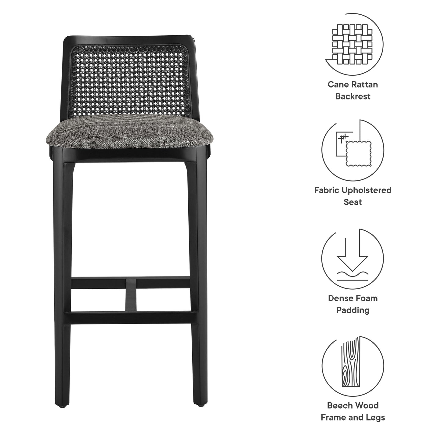 Modway Outlet Monarch Wood and Rattan Bar Stool by Modway  Bar and Dining Furniture Black Black Gray - EEI-6846-BLK-BLK-GRY