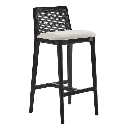 Modway Outlet Monarch Wood and Rattan Bar Stool by Modway  Bar and Dining Furniture Black Black Heathered Weave Ivory - EEI-6846-BLK-BLK-HEI