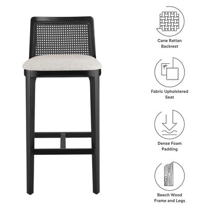 Modway Outlet Monarch Wood and Rattan Bar Stool by Modway  Bar and Dining Furniture Black Black Heathered Weave Ivory - EEI-6846-BLK-BLK-HEI