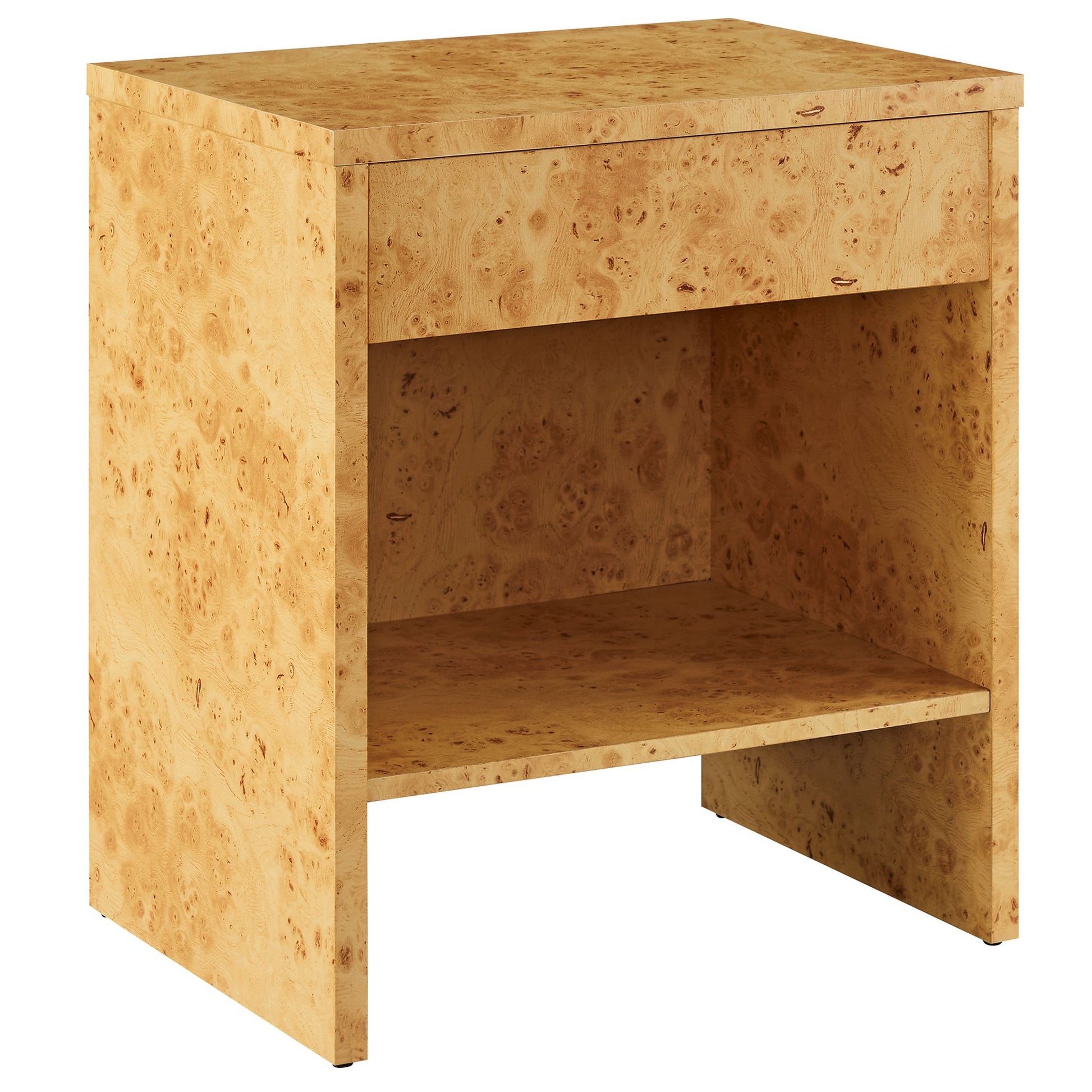 Burled wood veneer nightstand with a shallow top drawer and open lower shelf in natural finish.