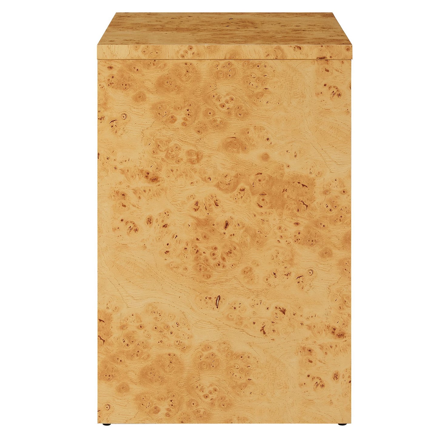 Burl wood veneer nightstand with flat top, 1 drawer and open shelf, natural finish.