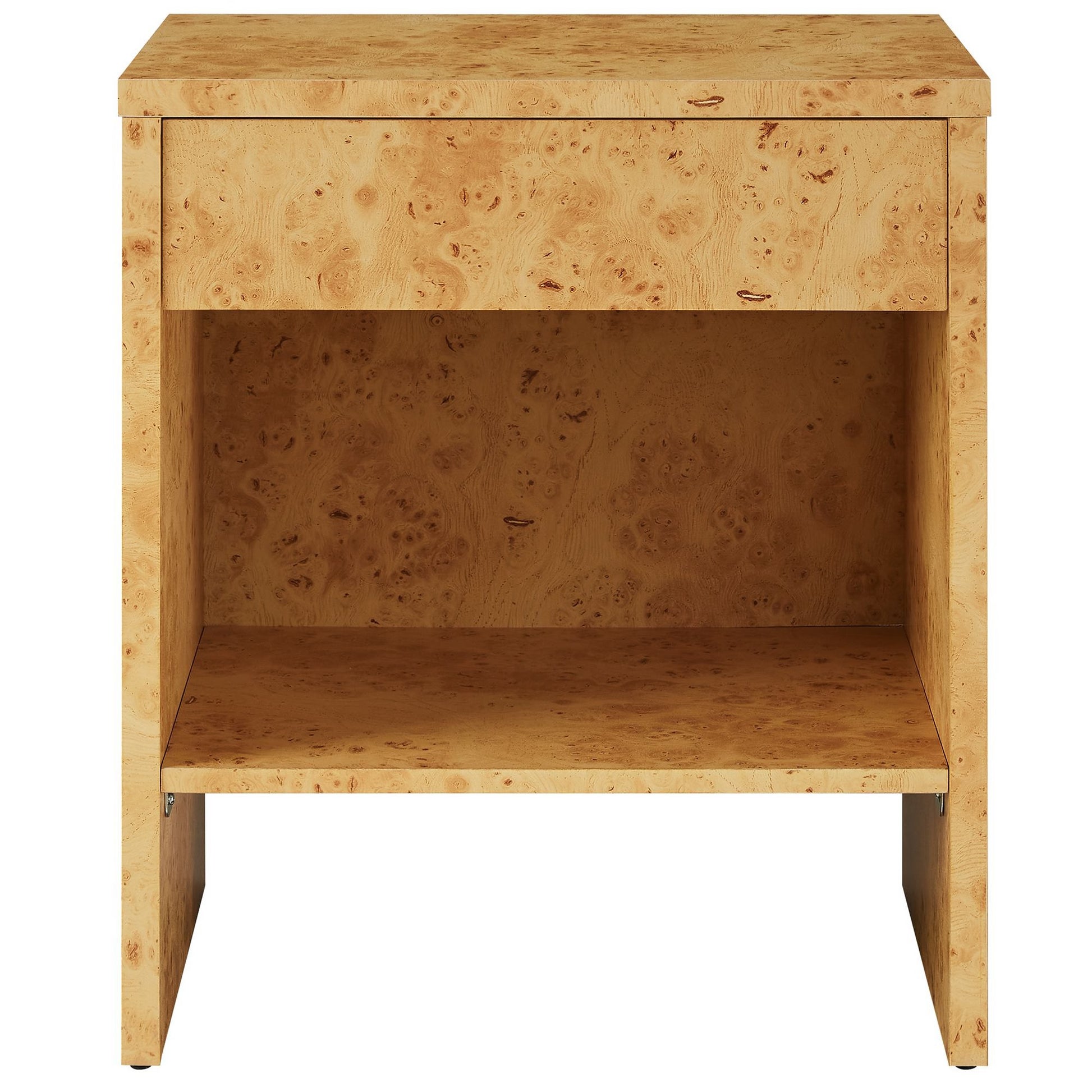 Burled wood veneer nightstand with a top drawer and open lower shelf.