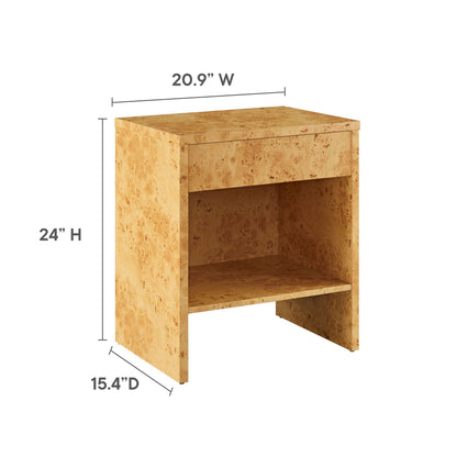 Burl wood nightstand with a top drawer and open lower shelf, 24" H, 20.9" W, 15.4" D.