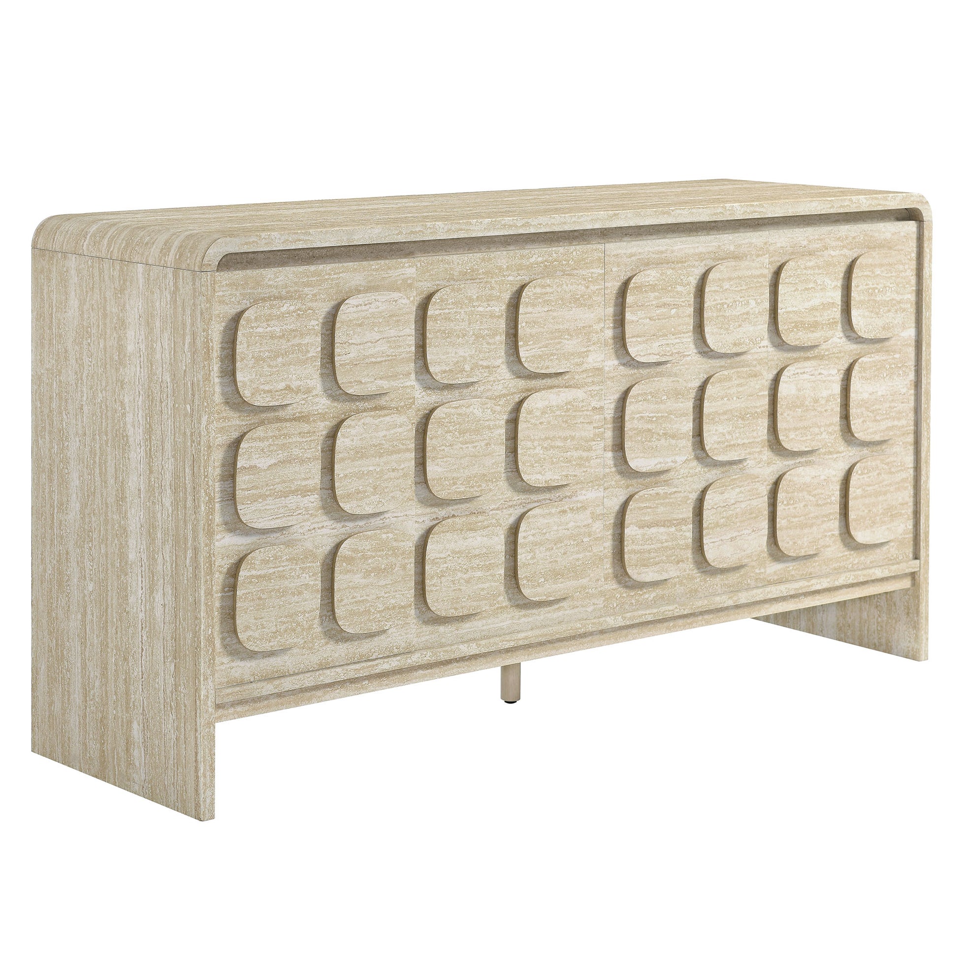 Light oak sideboard with a grid of curved panel fronts, long low-profile storage cabinet in a mid-century modern style.