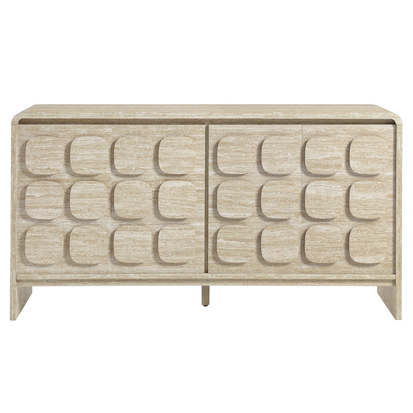 Brown sideboard with two doors featuring a crescent pattern and a textured finish.
