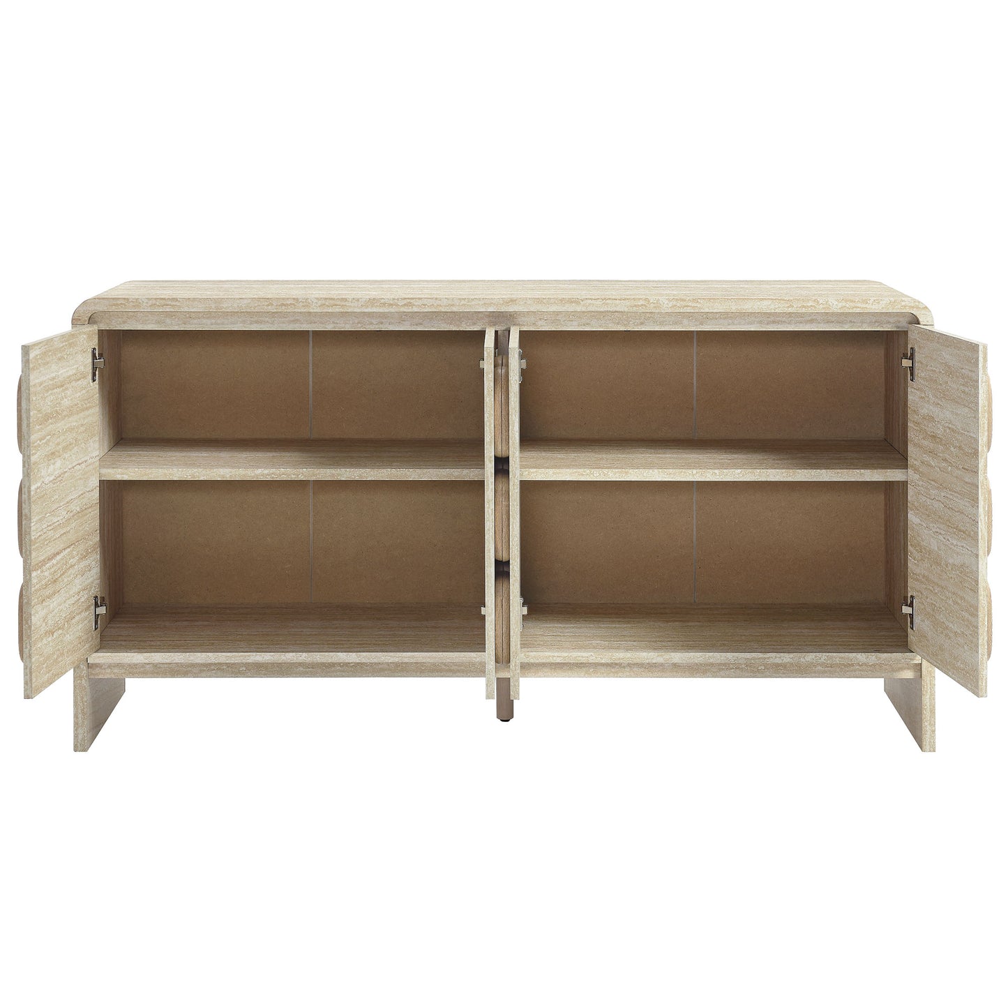 Brown wood sideboard with four interior shelves behind hinged doors on both sides.