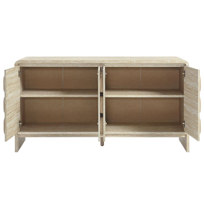 Brown wood sideboard with four interior shelves behind hinged doors on both sides.
