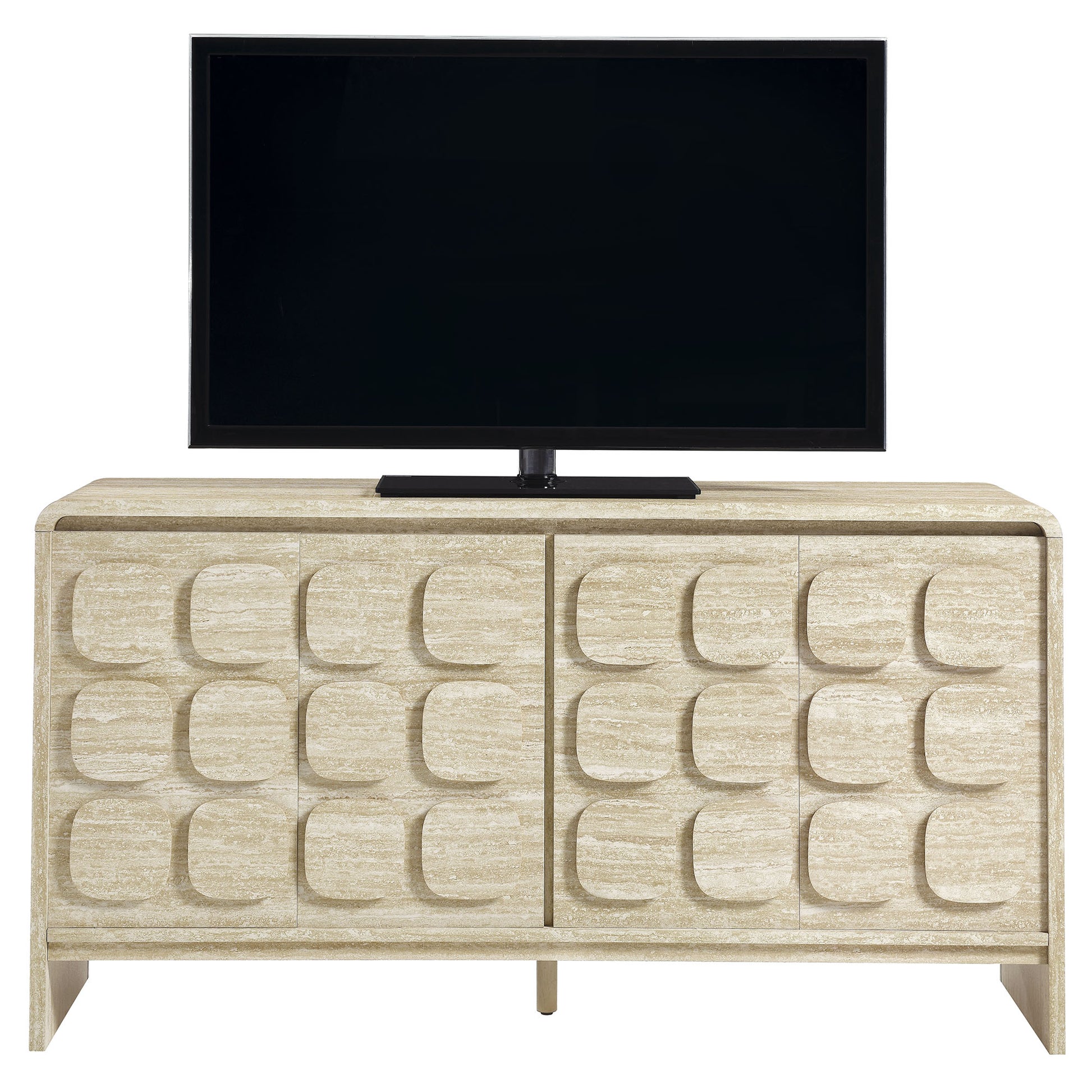 Beige wood sideboard with circular-arc panel fronts.