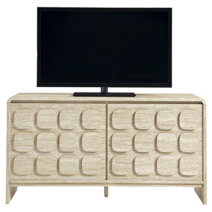 Beige wood sideboard with circular-arc panel fronts.
