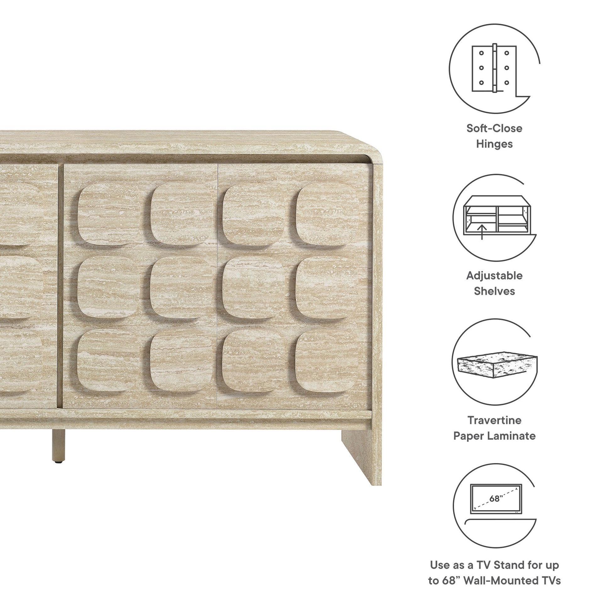 Light wood Toscana sideboard with rounded panel doors and travertine laminate; ideal TV stand for up to 68-inch TVs.