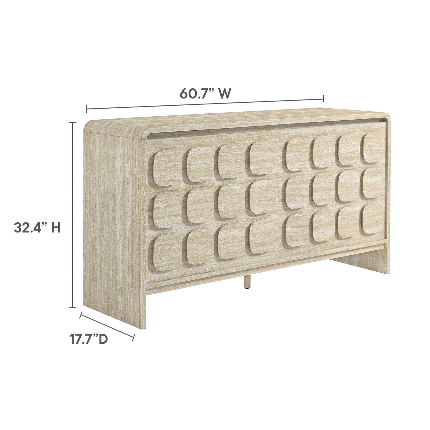 Light weathered wood Toscana sideboard with a grid of rounded-panel fronts; 60.7" W x 32.4" H x 17.7" D.