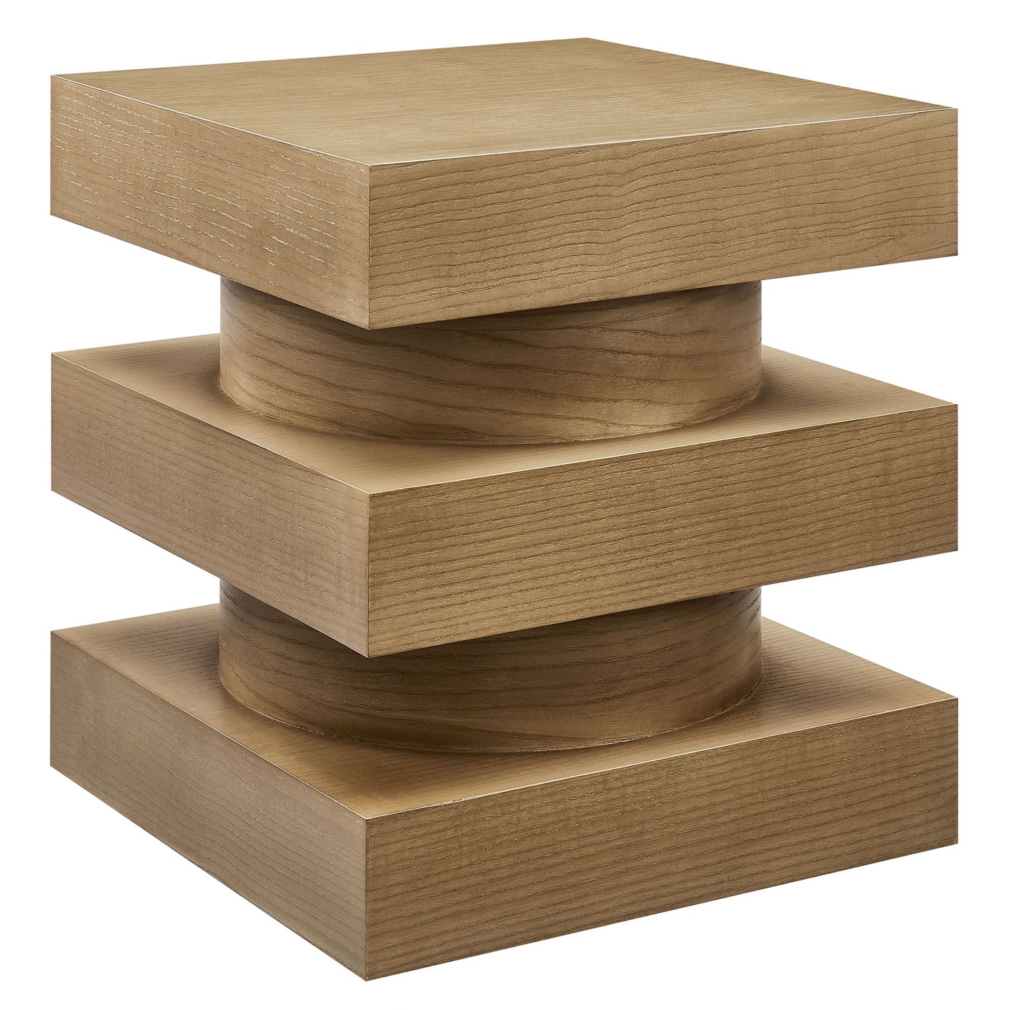 Three-tier natural oak wood end table with square blocks and cylindrical connectors; modern geometric decor