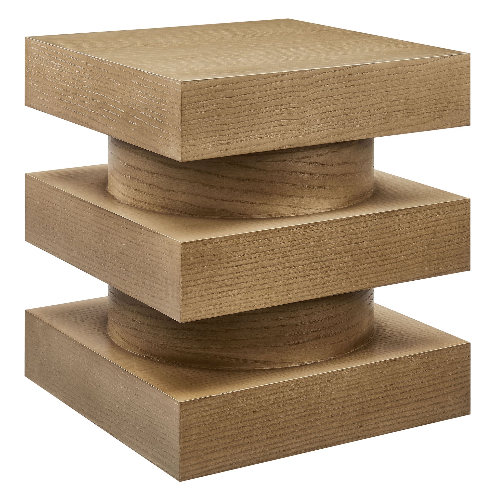 Three-tier natural oak wood end table with square blocks and cylindrical connectors; modern geometric decor