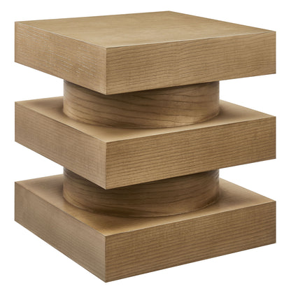Three-tier natural oak wood end table with square blocks and cylindrical connectors; modern geometric decor