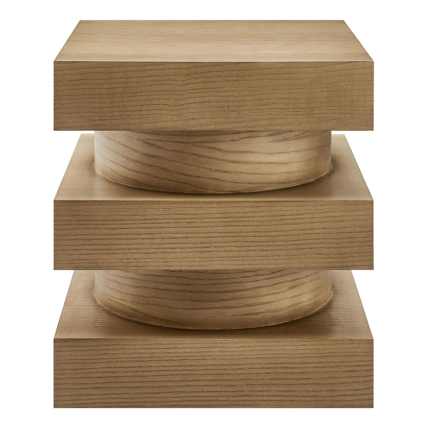 Light oak end table with three square blocks & rounded central cylinders in a modern stacked totem design.