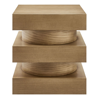 Light oak end table with three square blocks & rounded central cylinders in a modern stacked totem design.