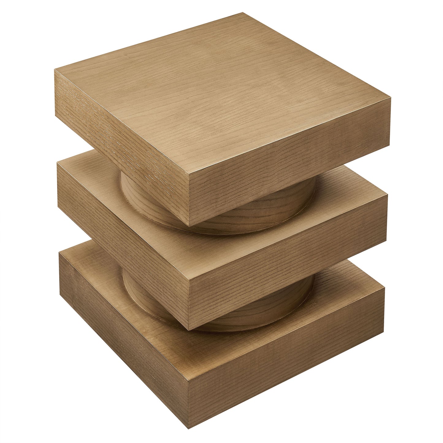 Three natural wood blocks stacked to form a small end table, with circular discs visible in their centers.