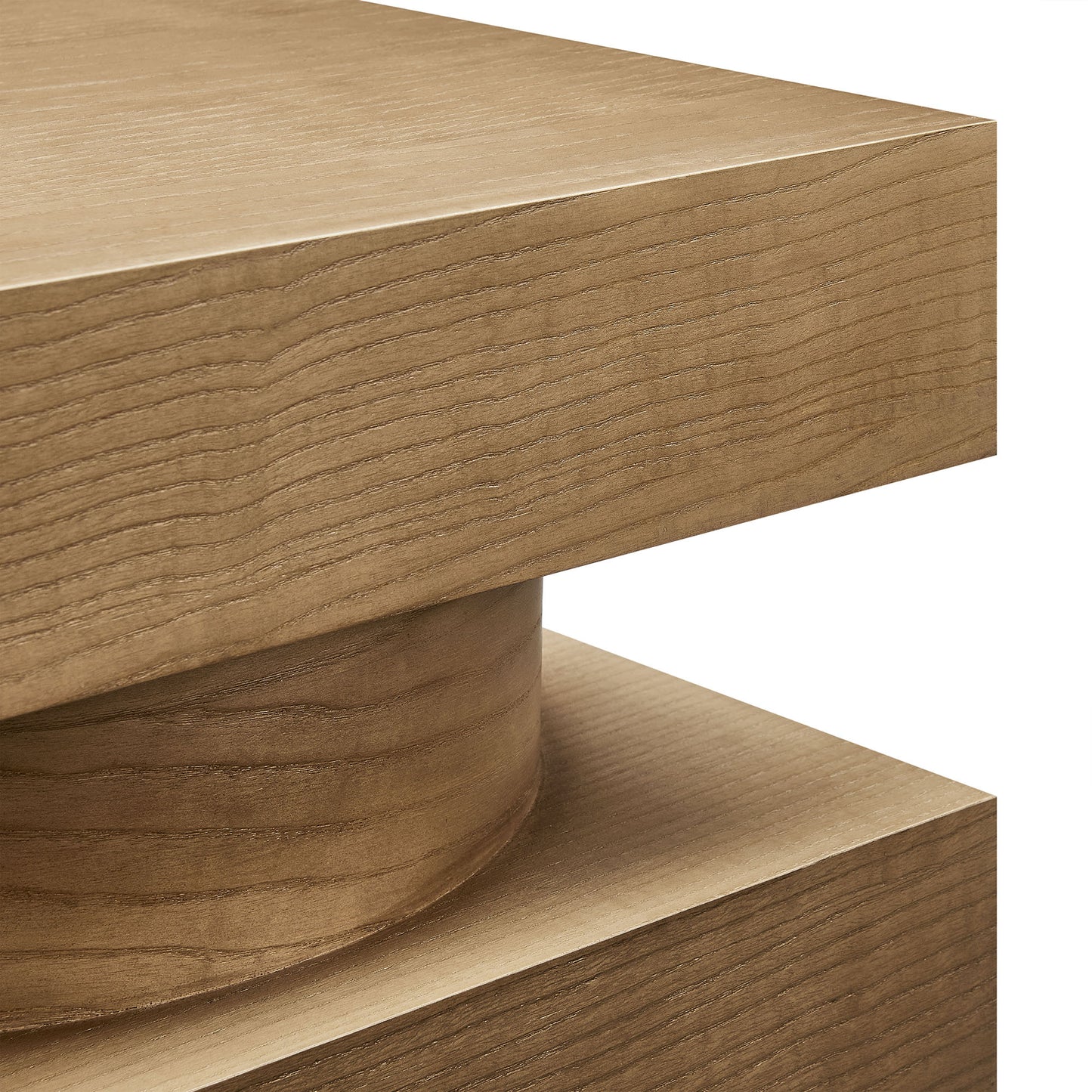 Natural oak wood table pedestal with a rounded cylindrical leg between two rectangular planks.