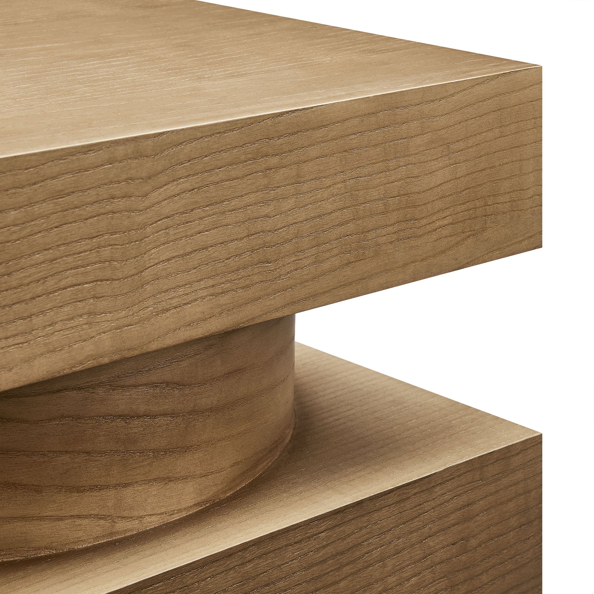 Natural oak wood table pedestal with a rounded cylindrical leg between two rectangular planks.