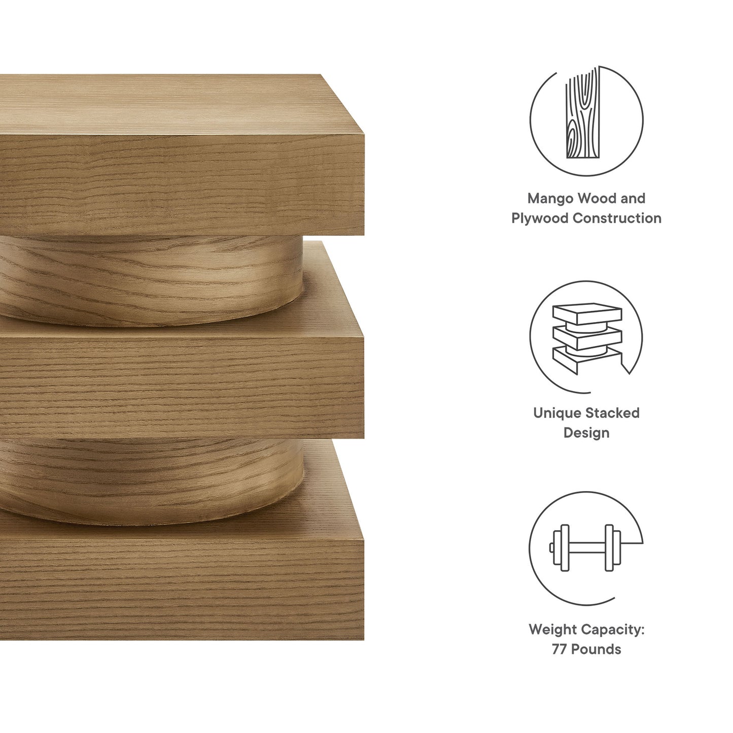 End table with a stacked mango wood and plywood pedestal, featuring square stepped blocks and a rounded base; natural wood grain; weight 77 pounds.