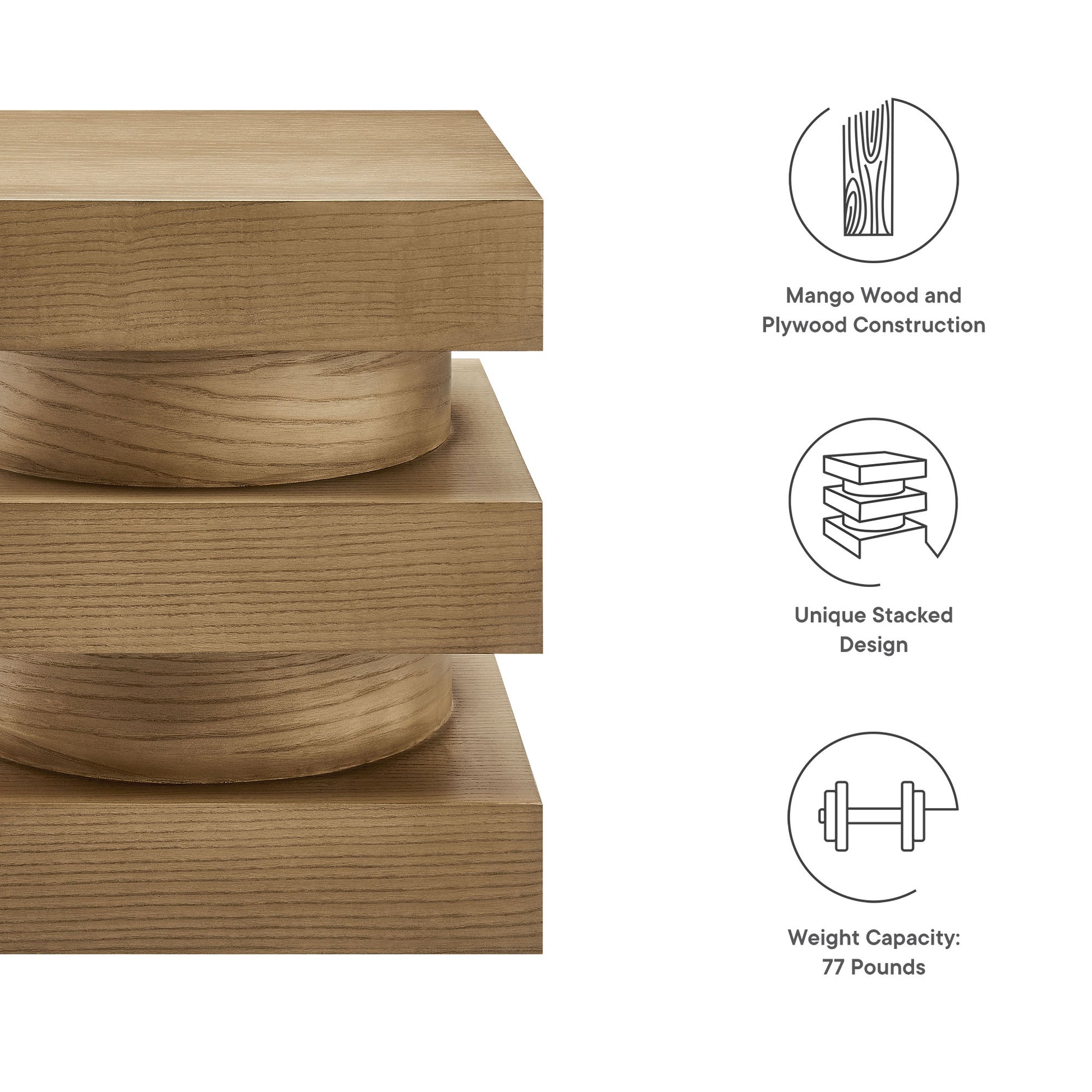 End table with a stacked mango wood and plywood pedestal, featuring square stepped blocks and a rounded base; natural wood grain; weight 77 pounds.