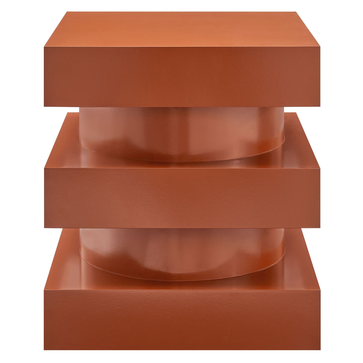 Red end table with a copper-toned three-tier metal frame and a clear glass top.