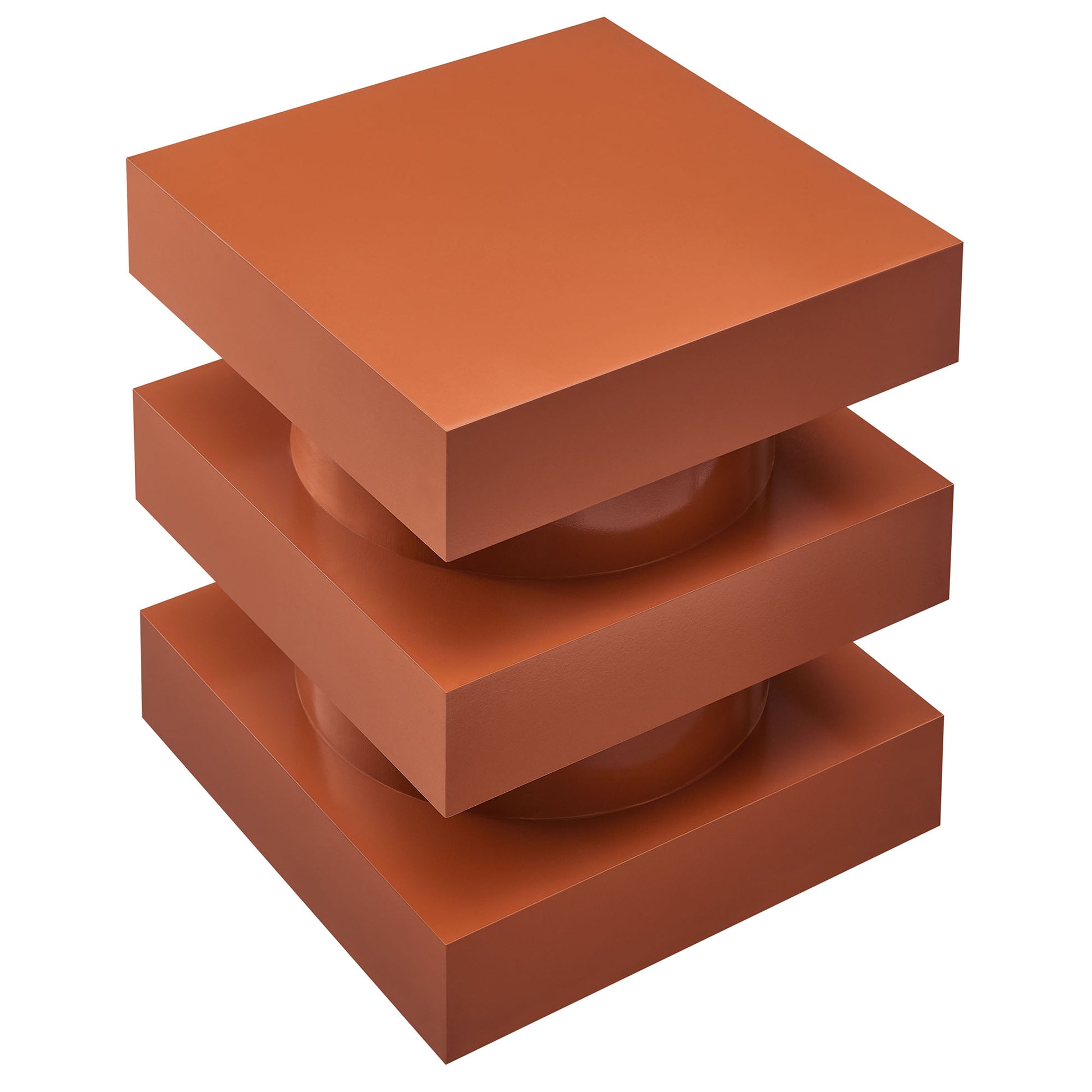Totem-style end table formed by three matte orange-red square blocks stacked into a column.