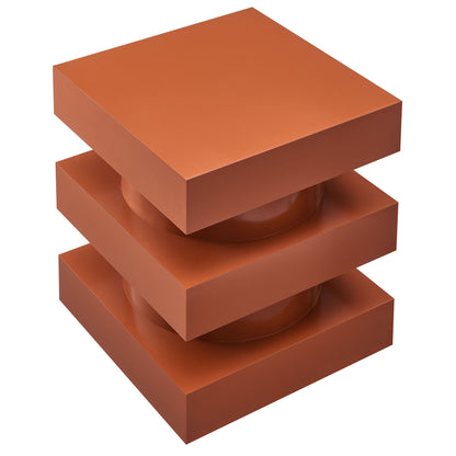 Totem-style end table formed by three matte orange-red square blocks stacked into a column.