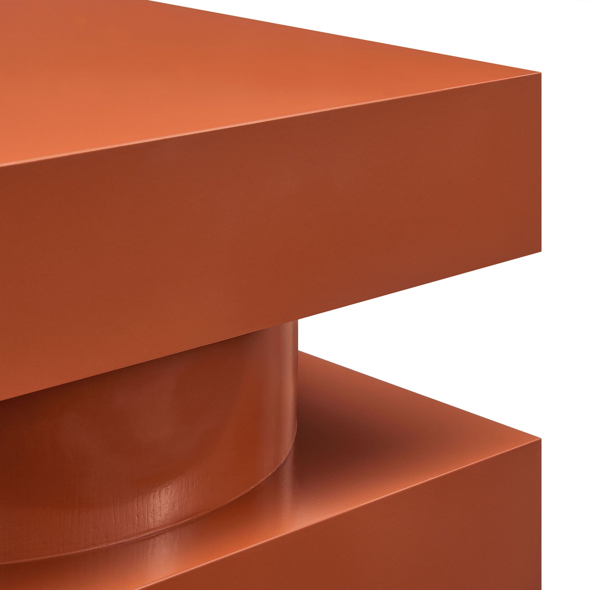 Orange modern side table with rectangular top and base connected by a round central pedestal.