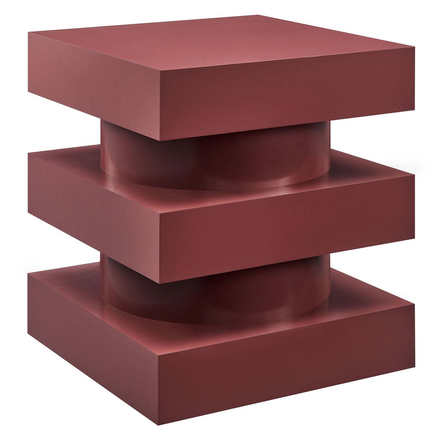 Red metal end table with a geometric totem-style base: three stacked square blocks around a central cylindrical core; modern decor.