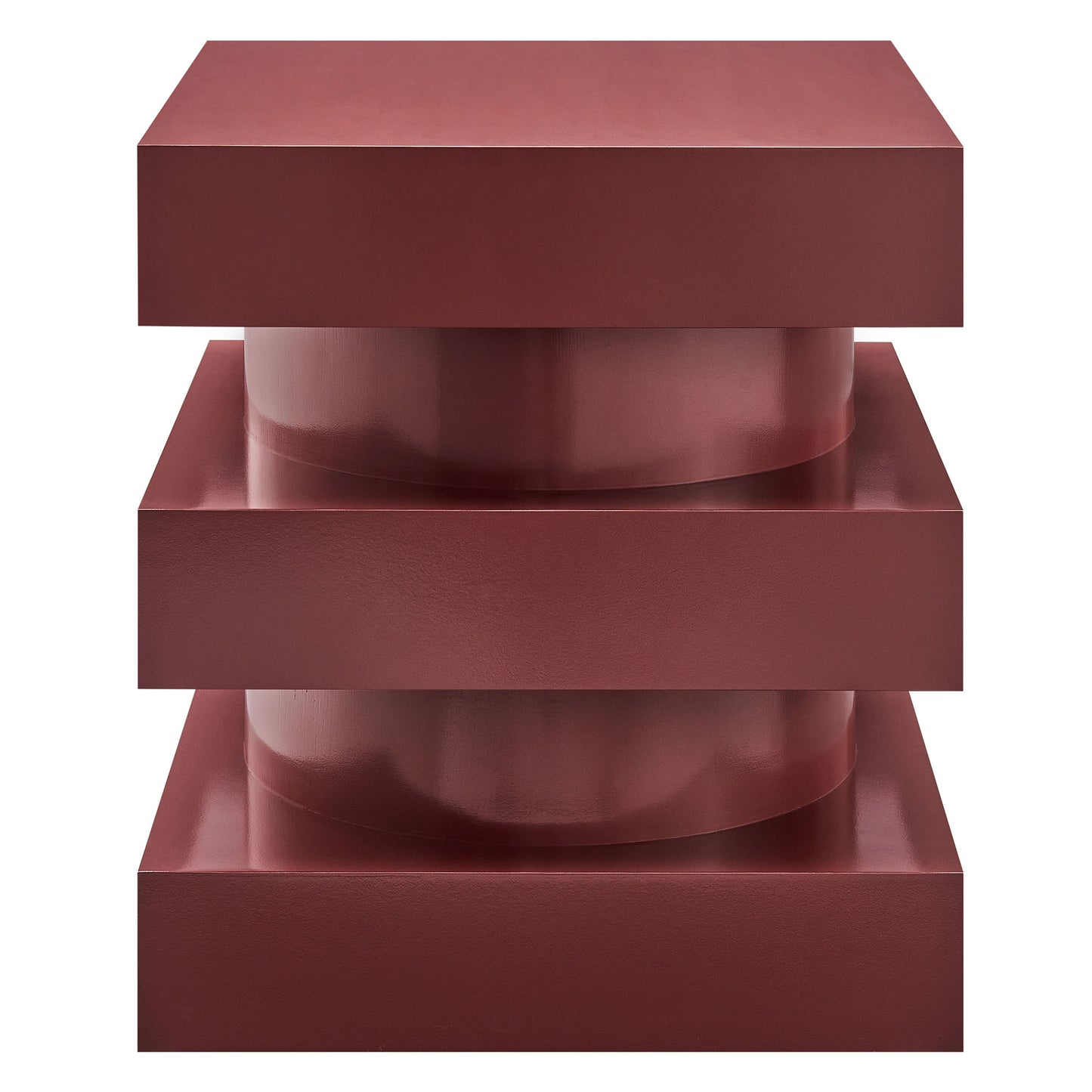 Burgundy stackable box end table with a glass cylindrical core; modern geometric design.