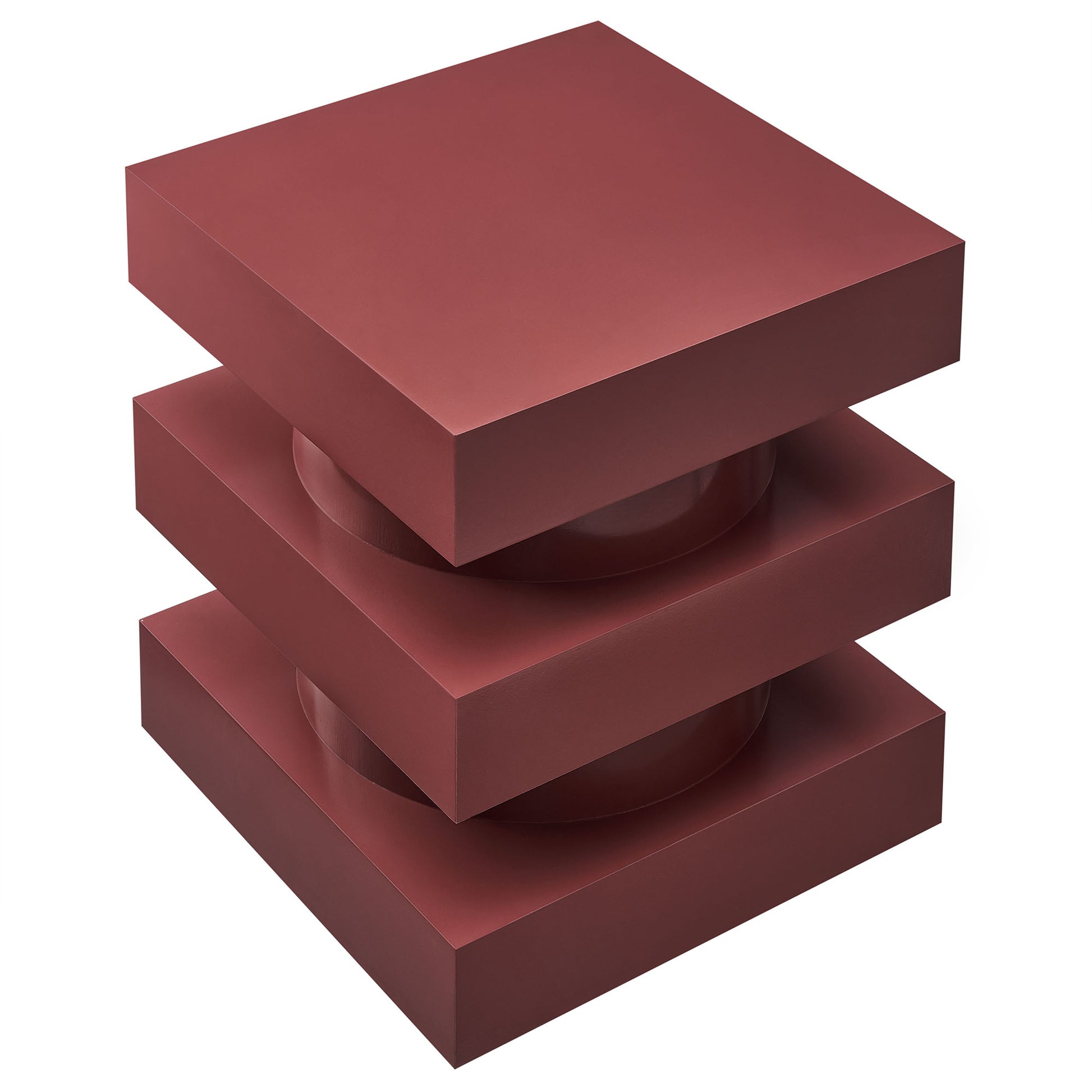 Red end table with stacked burgundy blocks and glossy maroon spheres visible between layers.