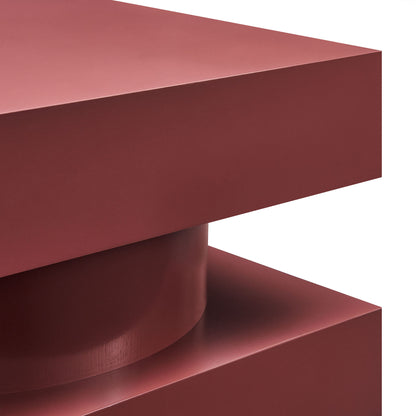 Deep rose red two-tier pedestal table with a cylindrical support between square blocks.
