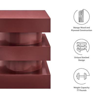 Red stacked block table with curved cylindrical layers; mango wood & plywood construction, unique stacked design.