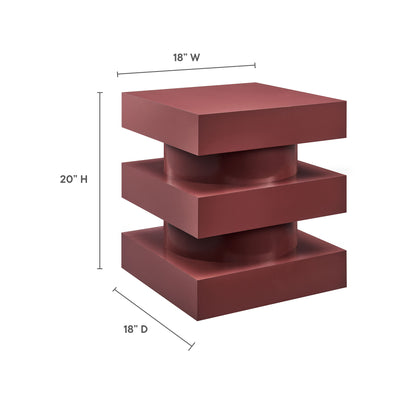 Deep red geometric pedestal with three square platforms and a cylindrical core; modern sculptural end table, 18W x 18D x 20H.