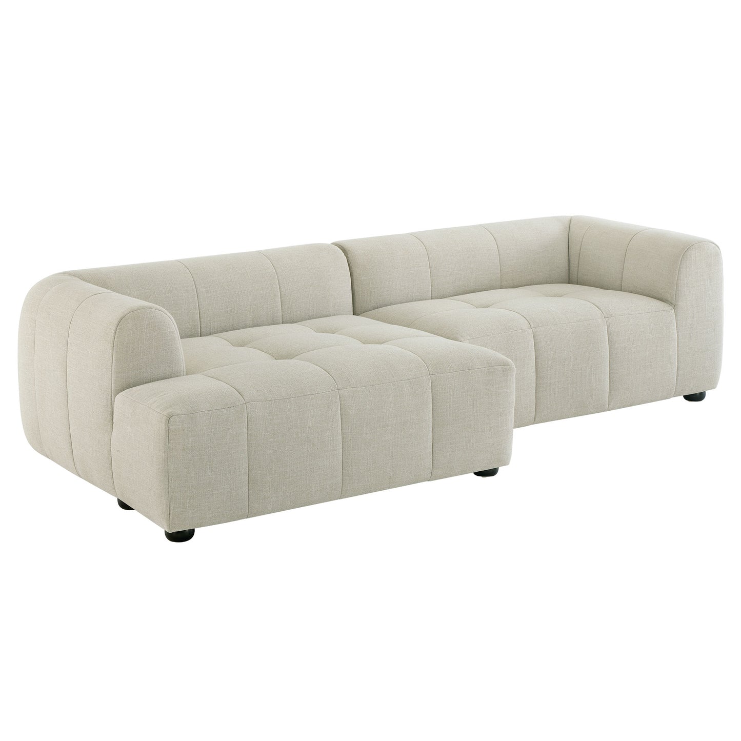 White upholstered fabric modular sofa with chaise, left-facing, for living room seating.