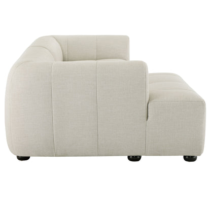 White left-facing upholstered fabric modular sofa with chaise, featuring rounded arms and low black legs.
