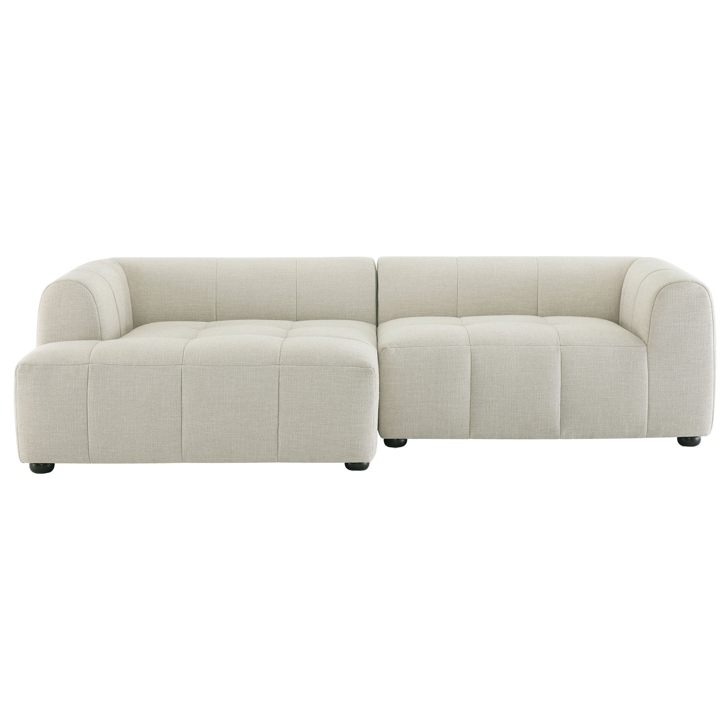 White fabric modular sofa with a left-facing chaise, L-shaped sectional with tufted cushions and rounded arms.