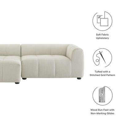 Light beige linen sectional sofa with tufted grid pattern, soft fabric upholstery, wood bun feet with non-marking glides.