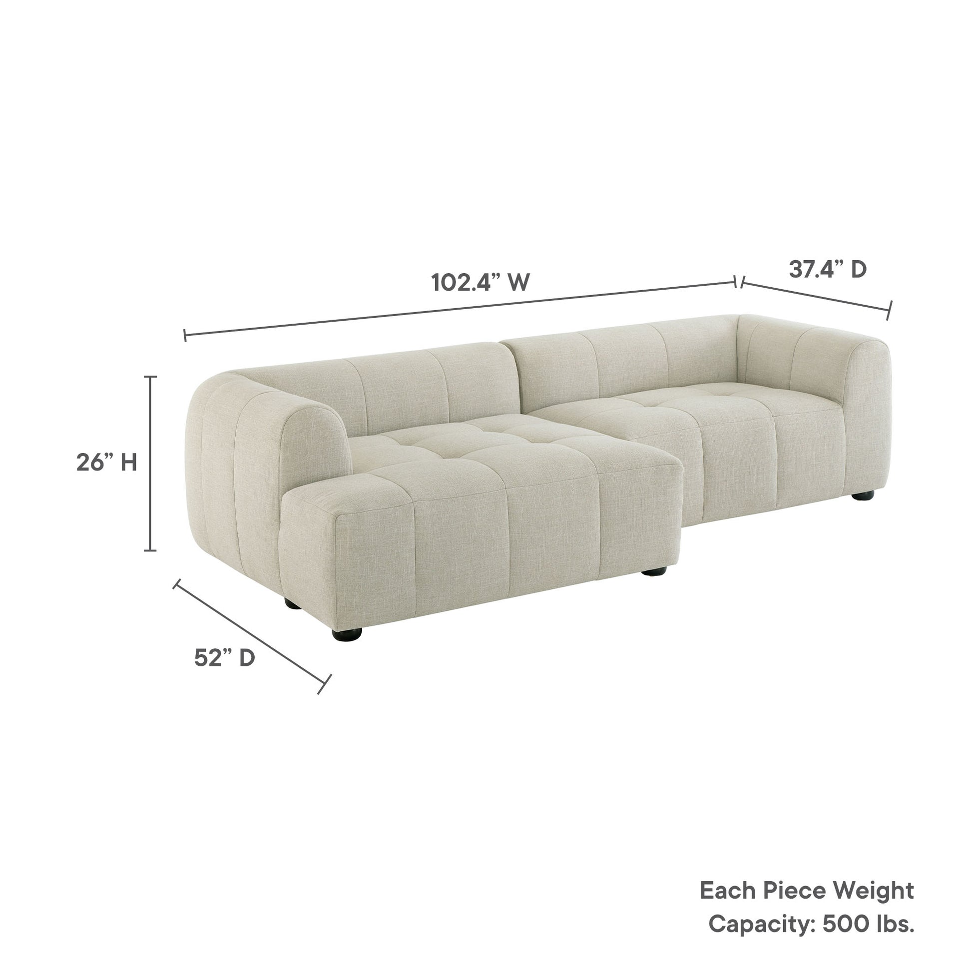 White linen-like fabric modular sofa with chaise (left-facing), tufted cushions and rounded arms for a contemporary living room.