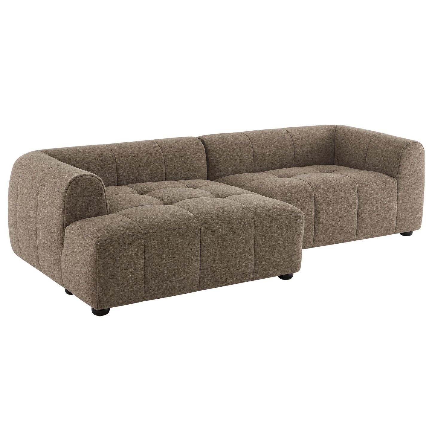 Mocha fabric left-facing upholstered modular sofa with chaise, tufted square cushions, rounded arms, low feet.